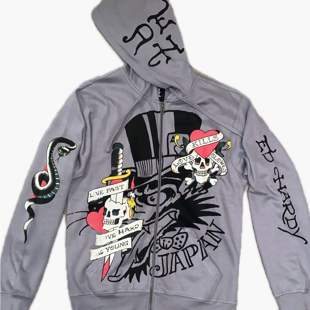 Ed Hardy Gray and Black Zip Up Sweater “Love Kills Slowly”